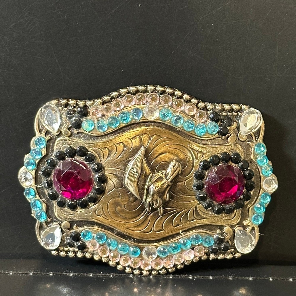 Vintage Western Horse Belt Buckle Rhinestone Red Turquoise Gold Silver Tone 4in